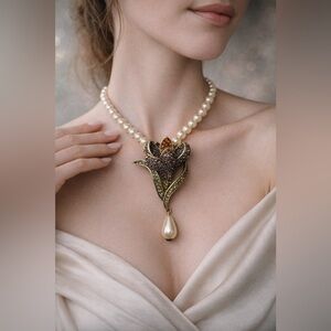 Heidi Daus Crystal Flower Pendant Necklace w/ Pearl Drop | Adjustable